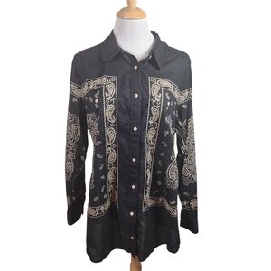 Soft Surroundings Black Paisley Button-Down Tunic Shirt 1X 100% Cotton